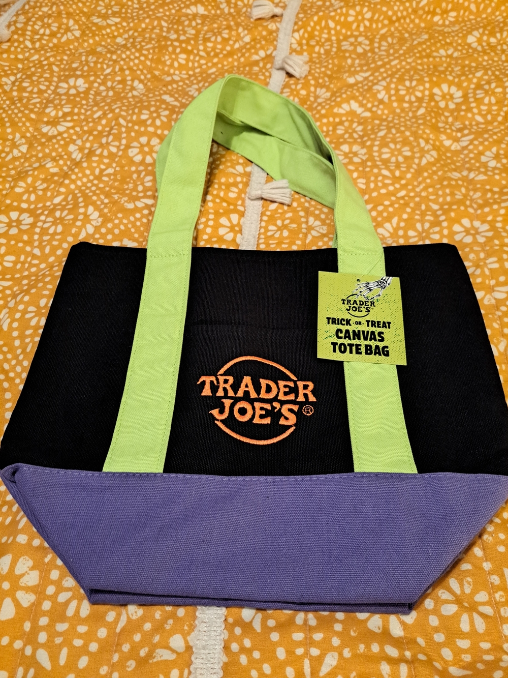 Trader Joe's 2026 Black Canvas Mini Tote Bag with Lime Handles and Purple Base